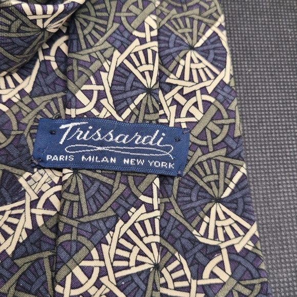 Trussardi Neckwear tie Men’s Pure Silk Tie Blue Beige Geometric Circles 3.5” in - Picture 2 of 2